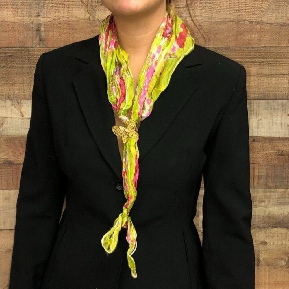Vintage Green & Pink Flowered Scarf w/Butterfly Pin